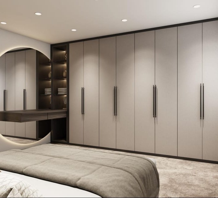 Plain door fitted wardrobe London — hinged doors with sleek minimalist finish and bespoke internal layout