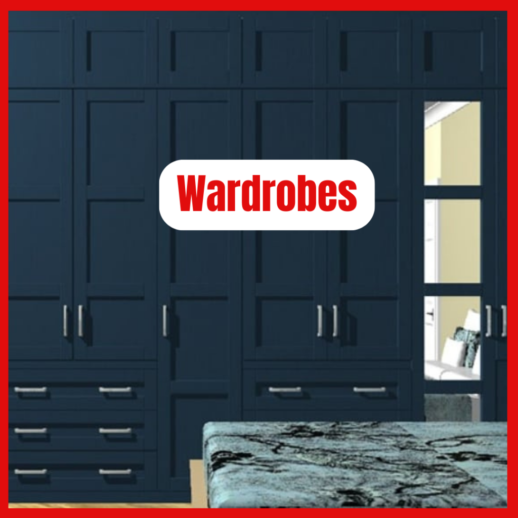 Dark blue fitted wardrobe with shaker-style doors, integrated drawers, and built-in shelving in a bedroom.