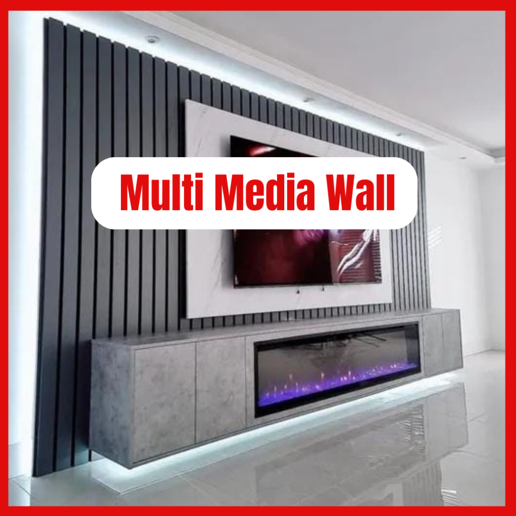 Contemporary media wall with wall-mounted TV, electric fireplace, vertical panelling, and floating storage unit.