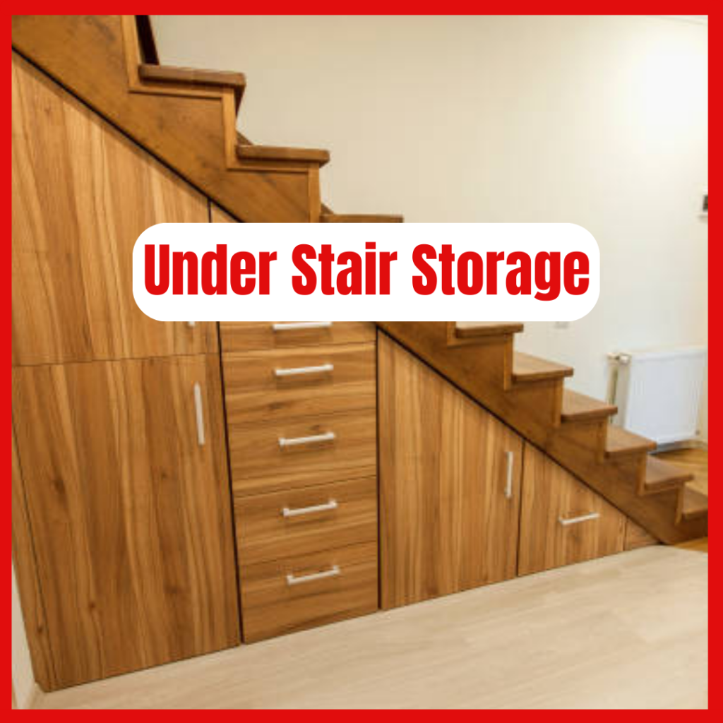 Under-stair storage solution with shelves and drawers