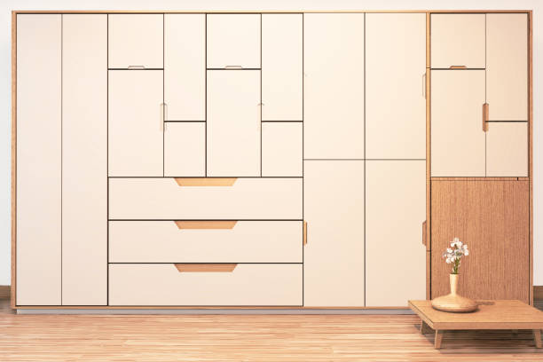 Modern wall wardrobe wooden japanese style and sofa armchair wooden on Empty room minimal interior.3D rendering
