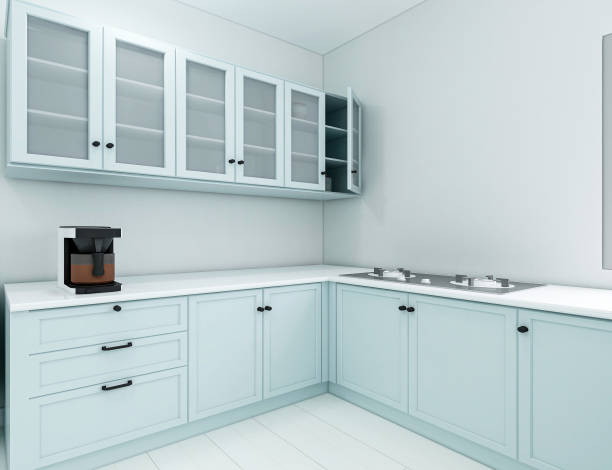 3D rendering, modern family kitchen design, brand-new cabinets and kitchenware matching cupboards, sunlight from the window.