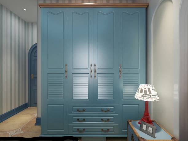 3D rendering, elegant and spacious bedroom design in a blue Mediterranean style apartment, with a large wardrobe next to the large bed and a dressing table