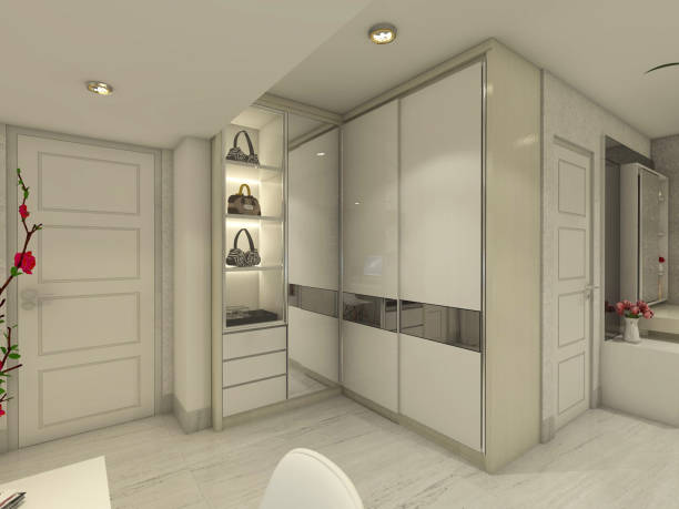 Modern Wardrobe Clothes With Display Cabinet For Accessories Collection. Suitable for interior fitting room and walk in closet. 3d rendering, 3d illustration.