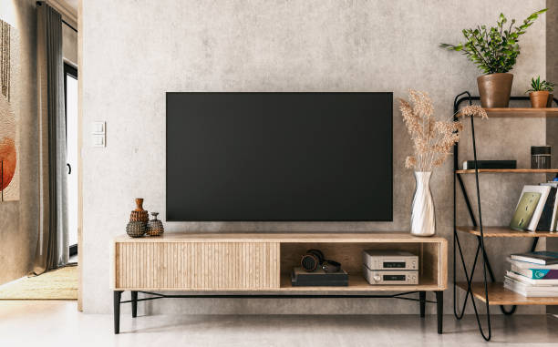 A nostalgic retro living room with a  blank TV (copy space) and book shelves with decoration (vases, books, speakers, headphones, potted plants) on a low wooden cabinet in front of a textured ruined gray plaster wall with copy space. A peek of a hallway on a side with windows, curtains, and wall decoration on the cement-tiled floor. 3D rendered image.