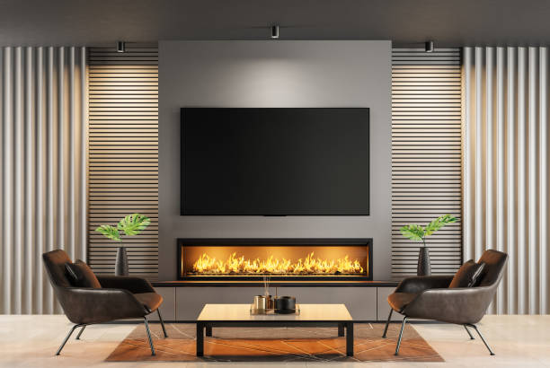 Luxurious living area with natural stone fireplace and 8k TV
Fireplace on a natural stone wall. 
Stylish and comfortable living area with modern wall paneling. 
3d rendering